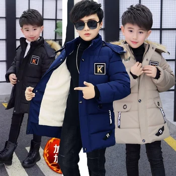 2022 New Big Size Very Keep Warm Winter Boys Jacket Teenager Mid-Length Plus Velvet Thickening  Hooded Cotton Coat For Kids 1