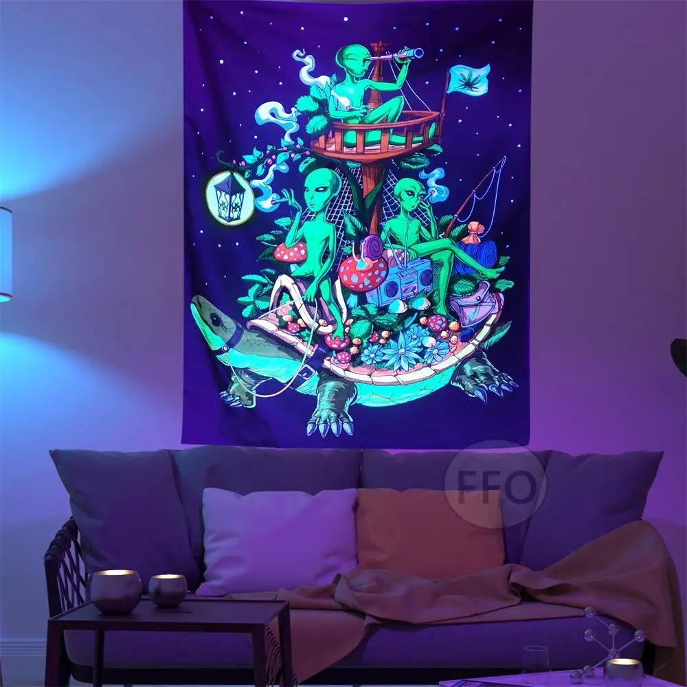 Психоделический гобелен инопланетянина черный свет УФ реактивные рисунки в