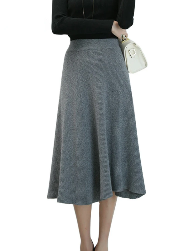 

Autumn Winter Thick Wool Long Flared Knit Skirt Cashmere Rib Knitted Warm Mid-Calf Skater Skirts Green Coffee Army Green