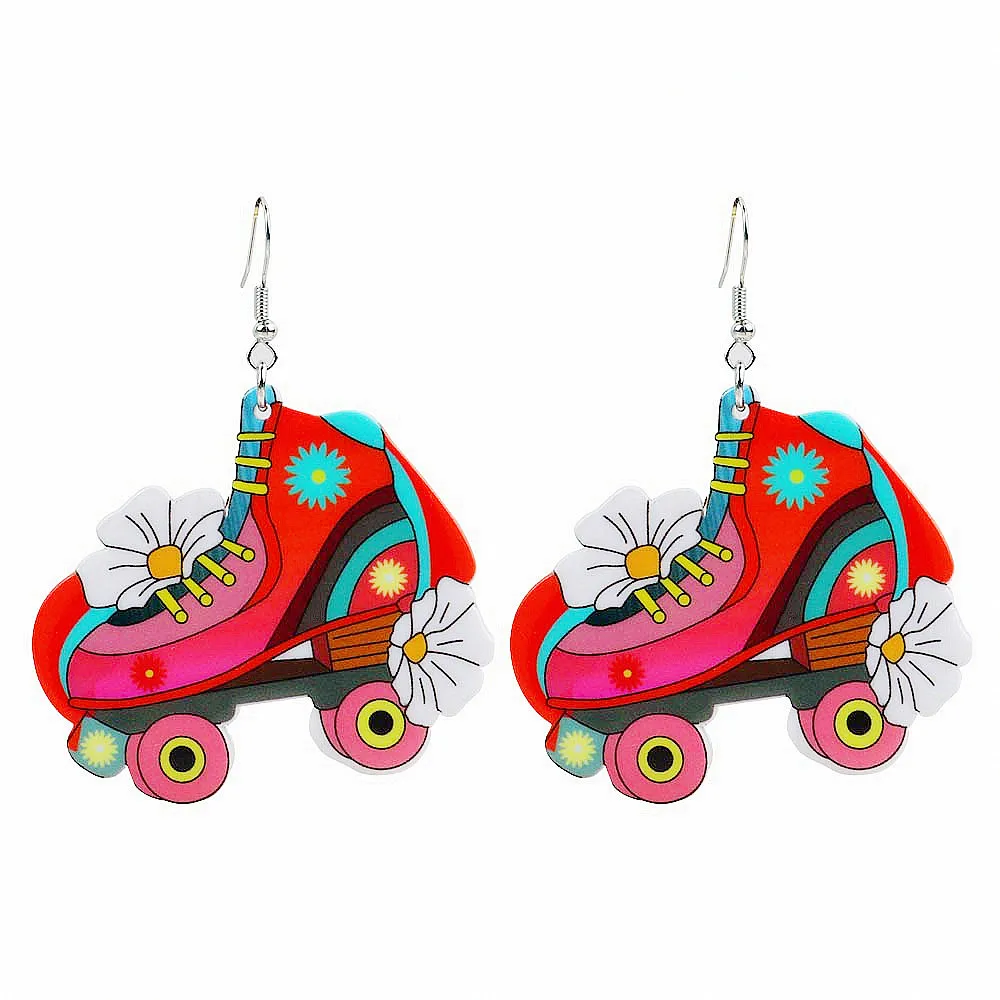 

Vintage Red Roller Skates Acrylic Women's Earrings 2023 Trending Large Cartoon Skating Shoes Flower Drop Dangle Earring Jewelry