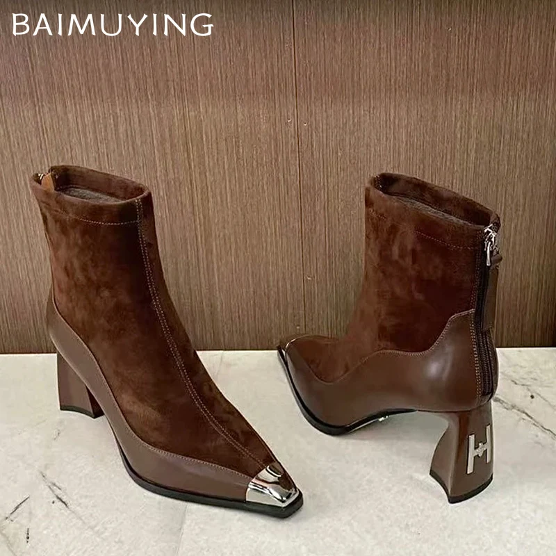 Зимние массивные женские ботильоны с острым носком модная обувь на высоком