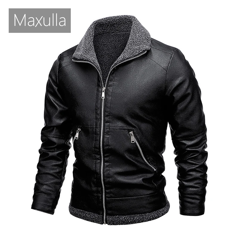 

Maxulla Men's PU Jacket Casual Mens Fleece Warm Windbreaker Motorcycle Jackets Fashion Outwear Fur Collar Leather Coats Clothing