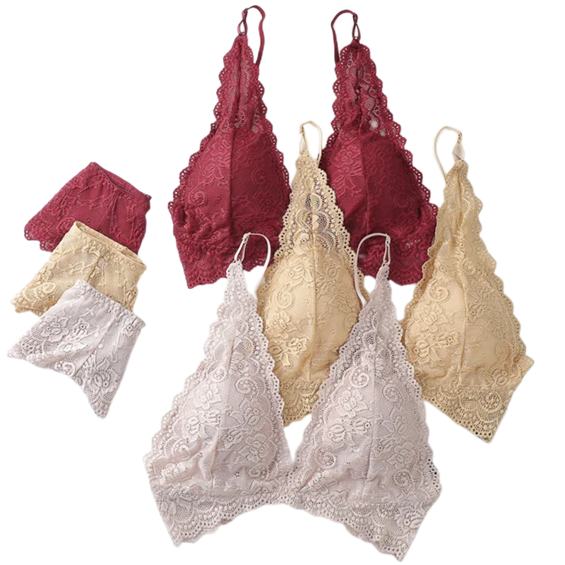 

Lace Bra Briefs Set Women Deep V Bra Backless Bralette Brassiere Female Underwear With Removable Pad Embroidery Sexy Lingerie