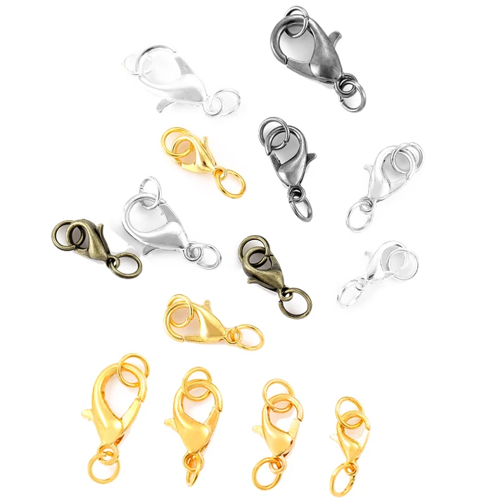 

40pcs 10/12/14/16mm 4 colors Lobster Clasps Hooks For Necklace Metal Iron Jump Rings End Clasps Connectors Diy Jewelry Supplies