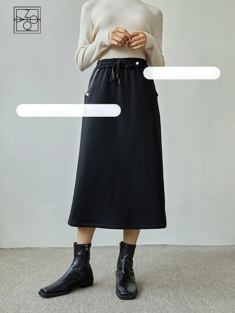 

ZIQIAO японская женская зимняя черная юбка с высокой талией средней длины с разрезом подол с высокой талией эластичный дизайн темпераментная ...