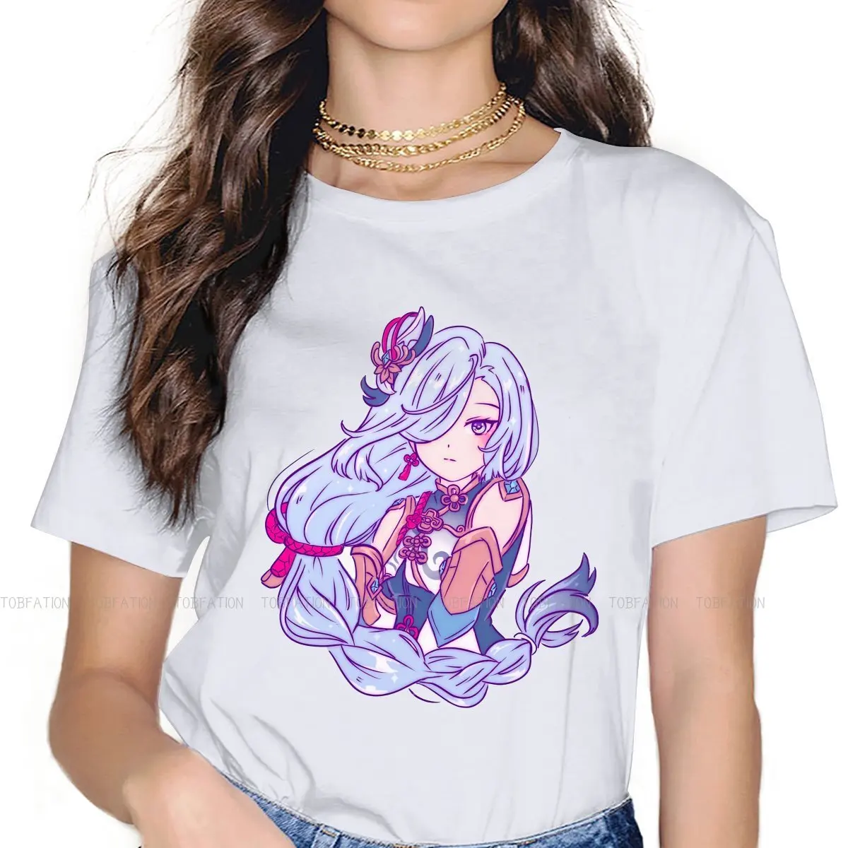 

Художественная женская футболка Shenhe, футболки с рисунком Genshin Impact Game Girls, 5XL, женская футболка с круглым вырезом, Забавный хипстерский подаро...