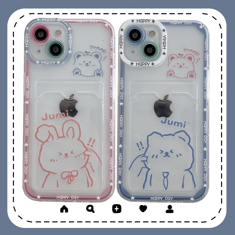 

Bandai Funny Line Rabbit and Bear Card Bag Clear Phone Case for iPhone 13 12 11 Pro Max Xs Xr X XsMax 8 7 Plus High Quality Case
