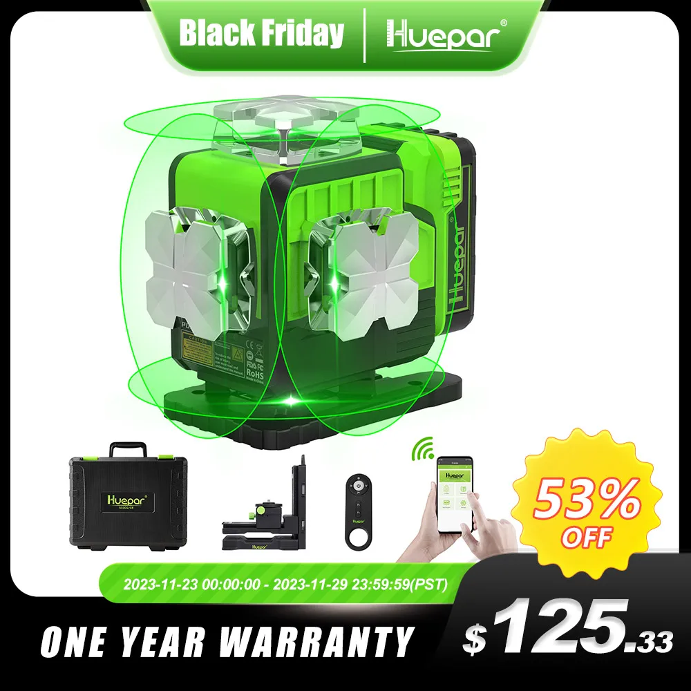 

Huepar P04CG 4D Laser Level Self Leveling 4D Green Beam Bluetooth Laser Tool Remote Control Li-ion Battery & Hard Carry Case