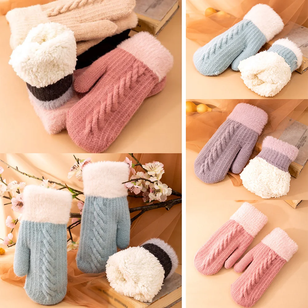 

Women Fashion Knitted Twist Flowers Mittens Winter Female Plush Imitation Cashmere Thickening Warm Full Finger Gloves Guantes