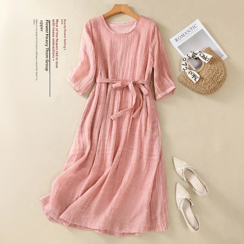 2024 хлопково-льняное художественное платье свободного покроя с круглым вырезом