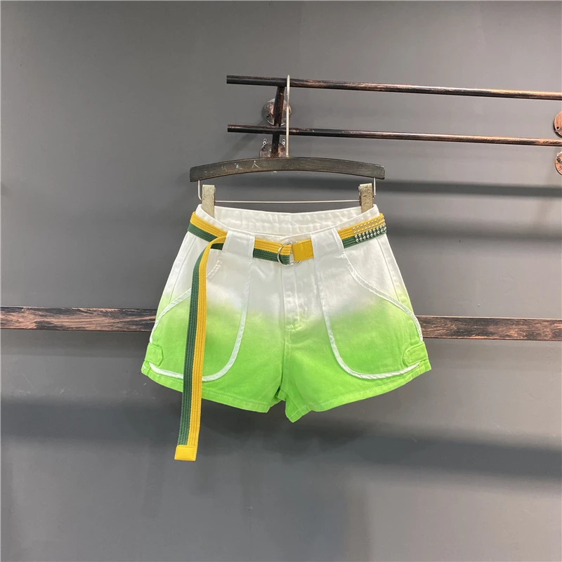 Denim Shorts Women's Ins 2023 Summer New Korean Style Personalized Gradient Color High Waist Loose Slimming Wide Leg Booty Pants