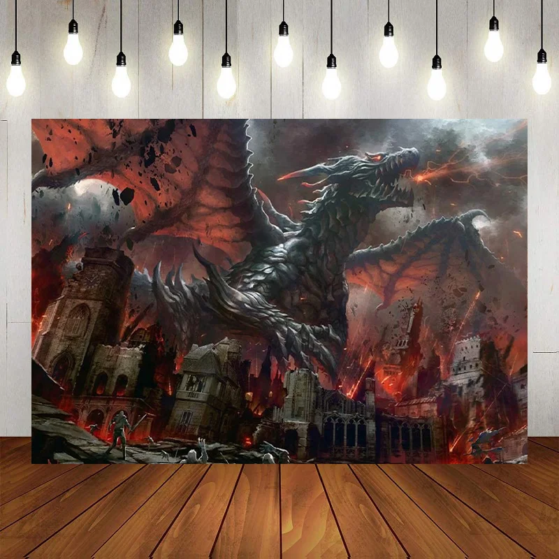 

Fantasy World Tapestry Photography Backdrop Medieval Red Dragon Human War Mythology Themed Decoration Birthday Background Banner