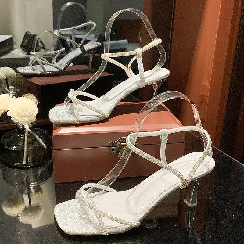 

Women Fashion Rhinestones Gladiator Silver High Heels Ankle Strap Strappy Sandals Women Crystal High Heels Sexy Stiletto Shoes
