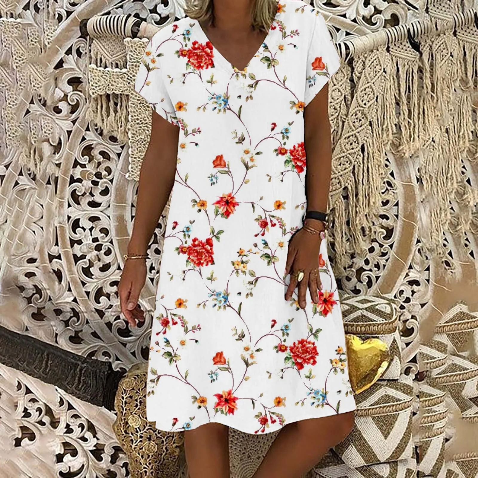 

Party Cocktail Dresses for Women Dresses For Women Summer Casual Fashion Printed V Neck Ladies Dress Beach Tunic Long Sleeve