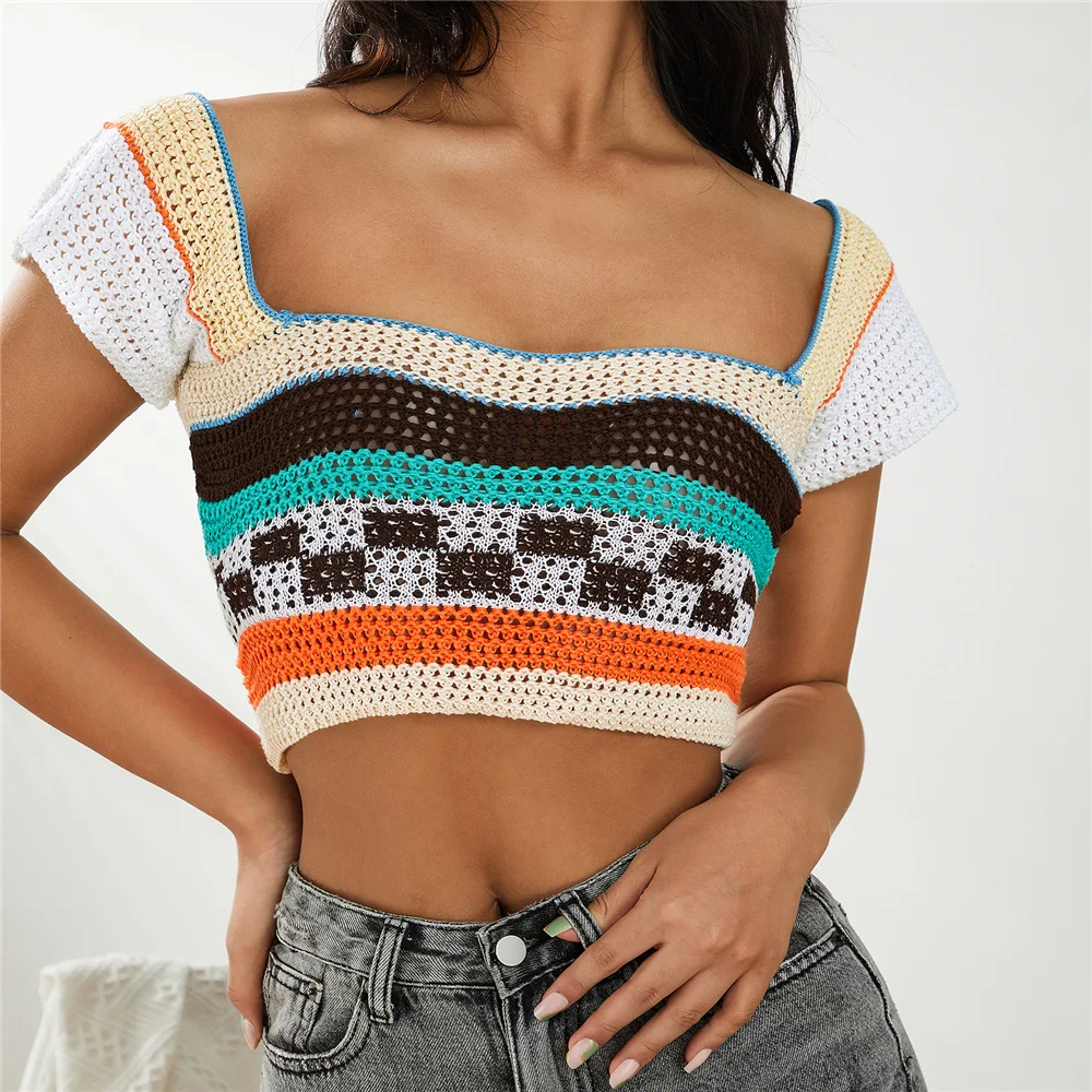 

2022 Summer Women Casual Knit Vest Easy-Matching Hottie Sexy Square Neck Contrast Color Stripe Slim Fit Crop Top Streetwear Tank