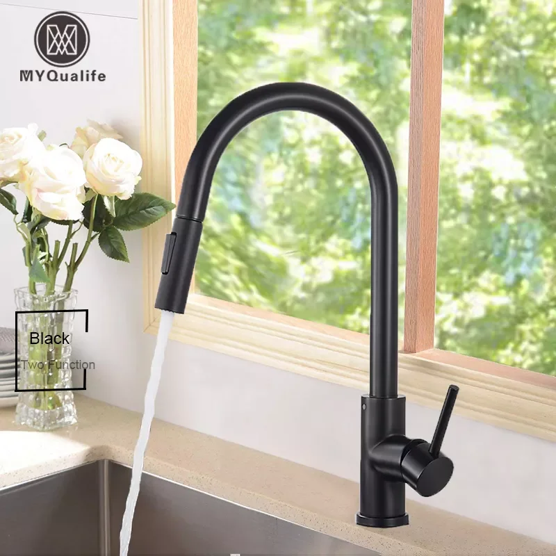 

Free Shipping Black Kitchen Faucet Two Function Single Handle Pull Out Mixer Hot and Cold Water Taps Deck Mounted