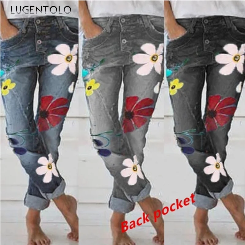 

Lugentolo Jeans Woman Large Size Fashion Print Pattern Mid Waist Bleached Button Fly Street Style Pencil Pants