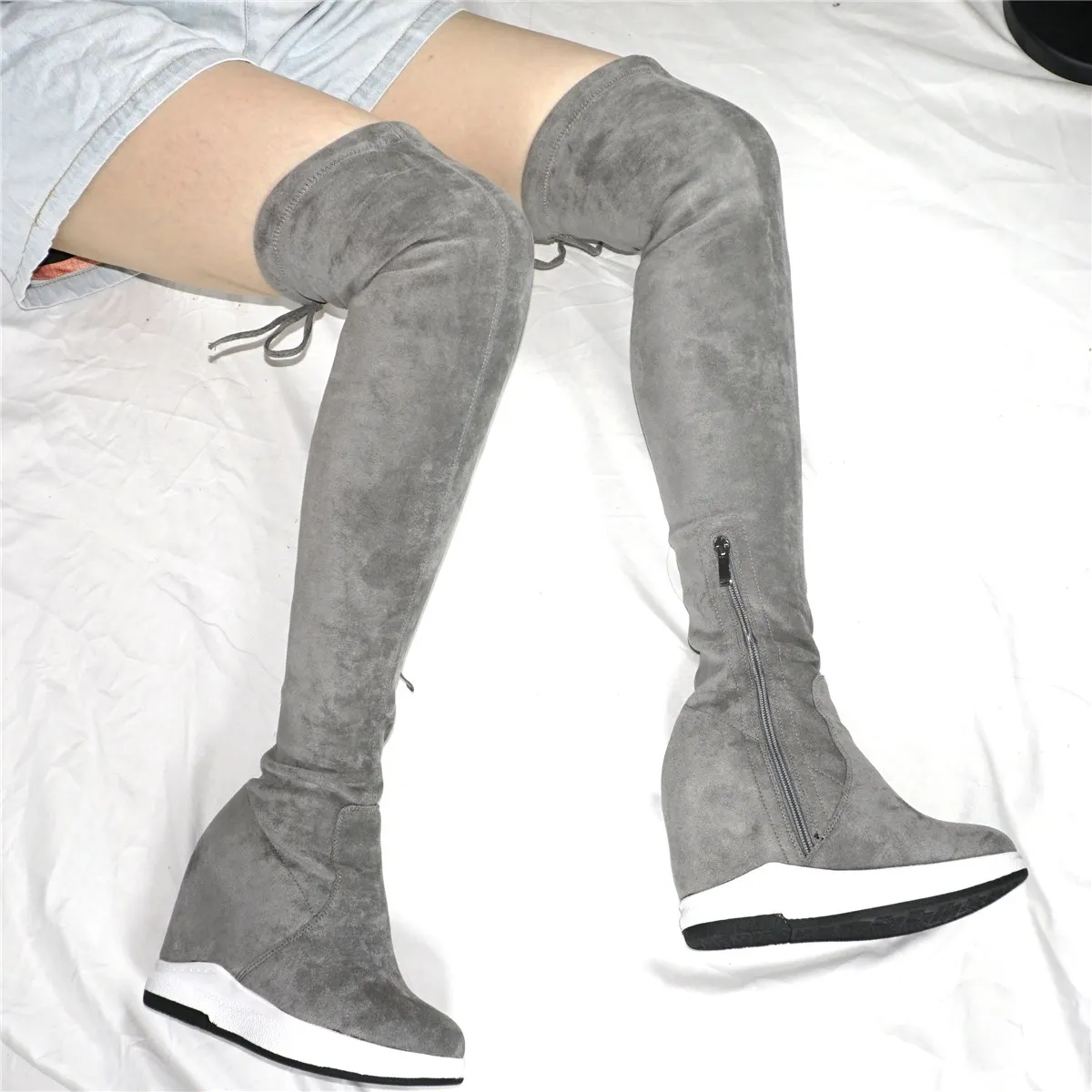 Platform Pumps Shoes Women Stretchy Velvet Wedges High Heel Over the Knee Boots Female Round Toe Fashion Sneakers Casual Shoes