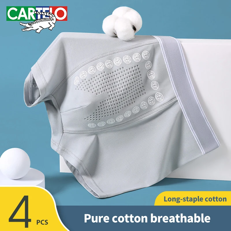 

Cartelo Pure Cotton Men Underwear Graphene Antibacterial Boxer Solid Color Seamless Underpants Breathable 4pcs Male panties