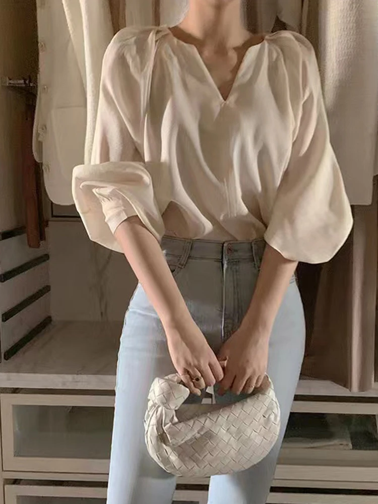 

Solid Women Blouse Loose Long Puff Sleeve Big V-neck Exposed Collarbone Age-reducing Elegant Shirt Blusas Mujer De Moda 2022