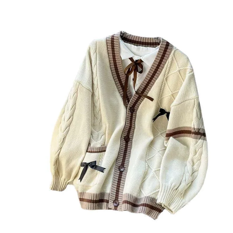 Осенняя Женская одежда студенческий вязаный кардиган в стиле колледжа топы