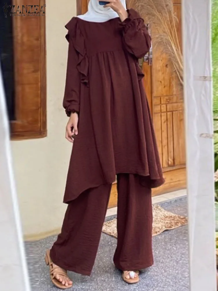

ZANZEA Solid Muslim Set Puff Sleeve O-Neck Blouse Wide Leg Pant Autumn Elegant Causal Ruffles Suit Dubai Turkey Vintage Outfits