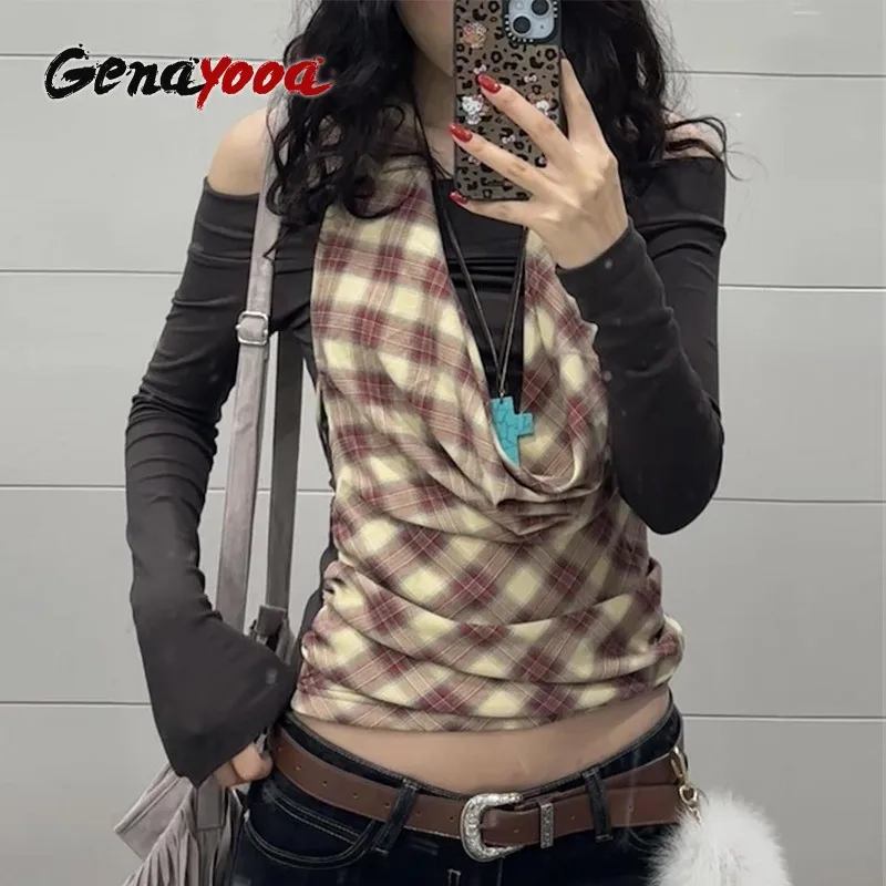 Genayooa Harajukun Лоскутные топы из двух предметов Y2k Винтажные в клетку Уличная одежда