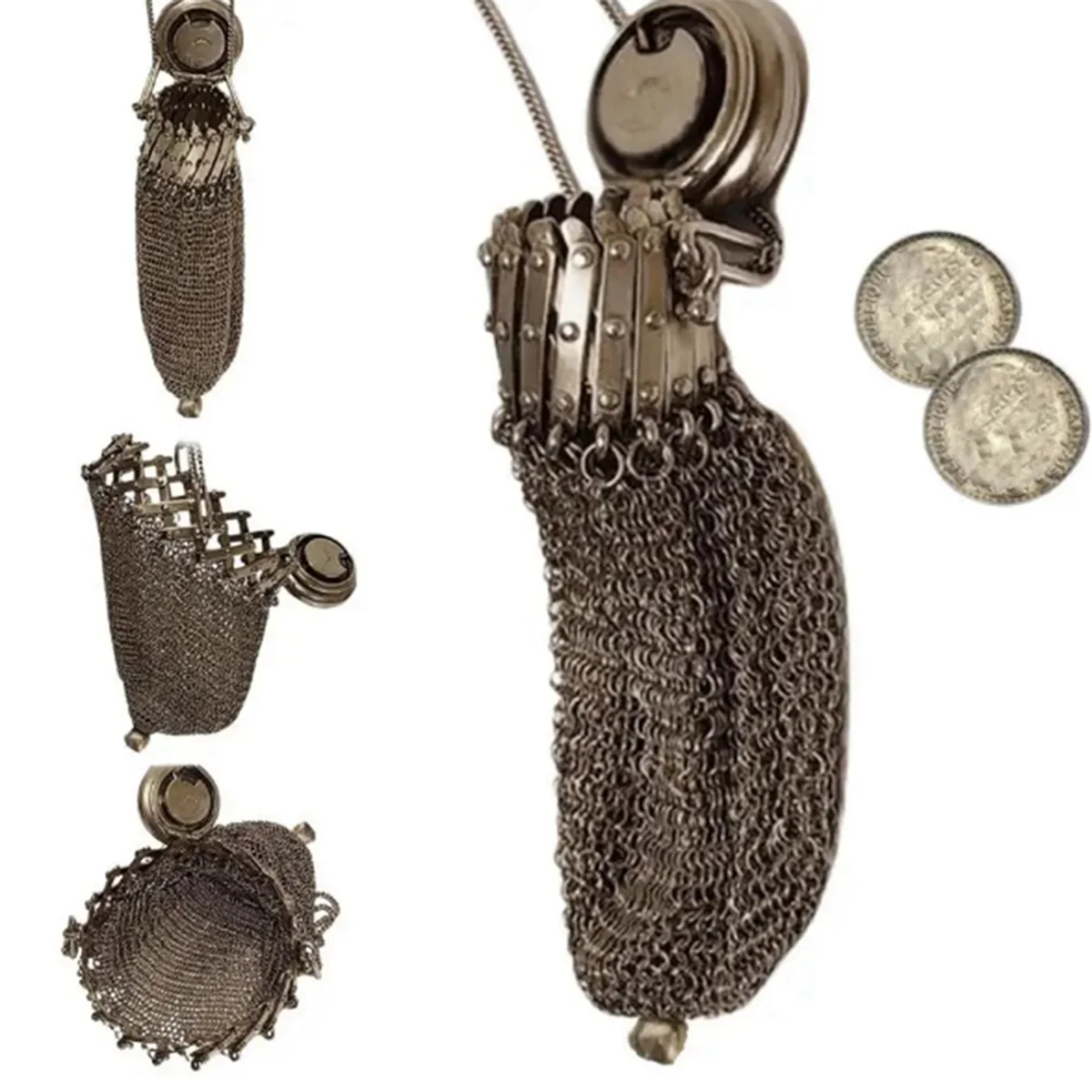 Английский кошелек ручной работы 1920-х годов викторианский серебряный сетчатый с