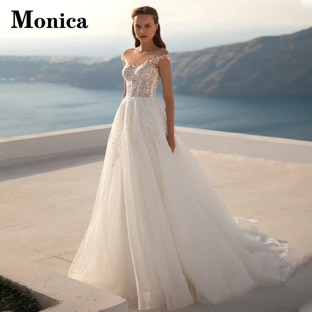 

MONICA Boat Neck Wedding Dresses 2023 For Mariages Backless A-LINE Court Train Glitter Sequined Appliques Vestidos De Novia