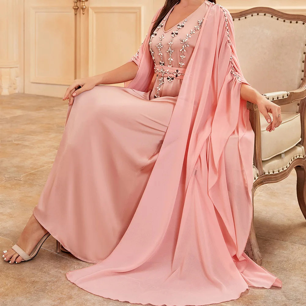 Muslim Dress 2023 New 2pcs Long Dress Pink Abaya Dress Dubai Dress Evening Dresses Turkey Dress Party Wedding Dresses For Women
