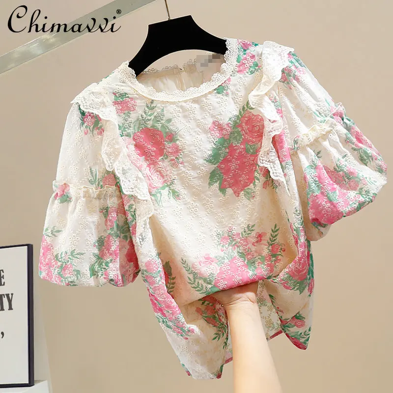 

Sweet Ruffled Patchwork Tops Vintage Crumpled Puff Sleeve Round Neck Pullover Print Shirt Women's Loose Blouse Women Fashion