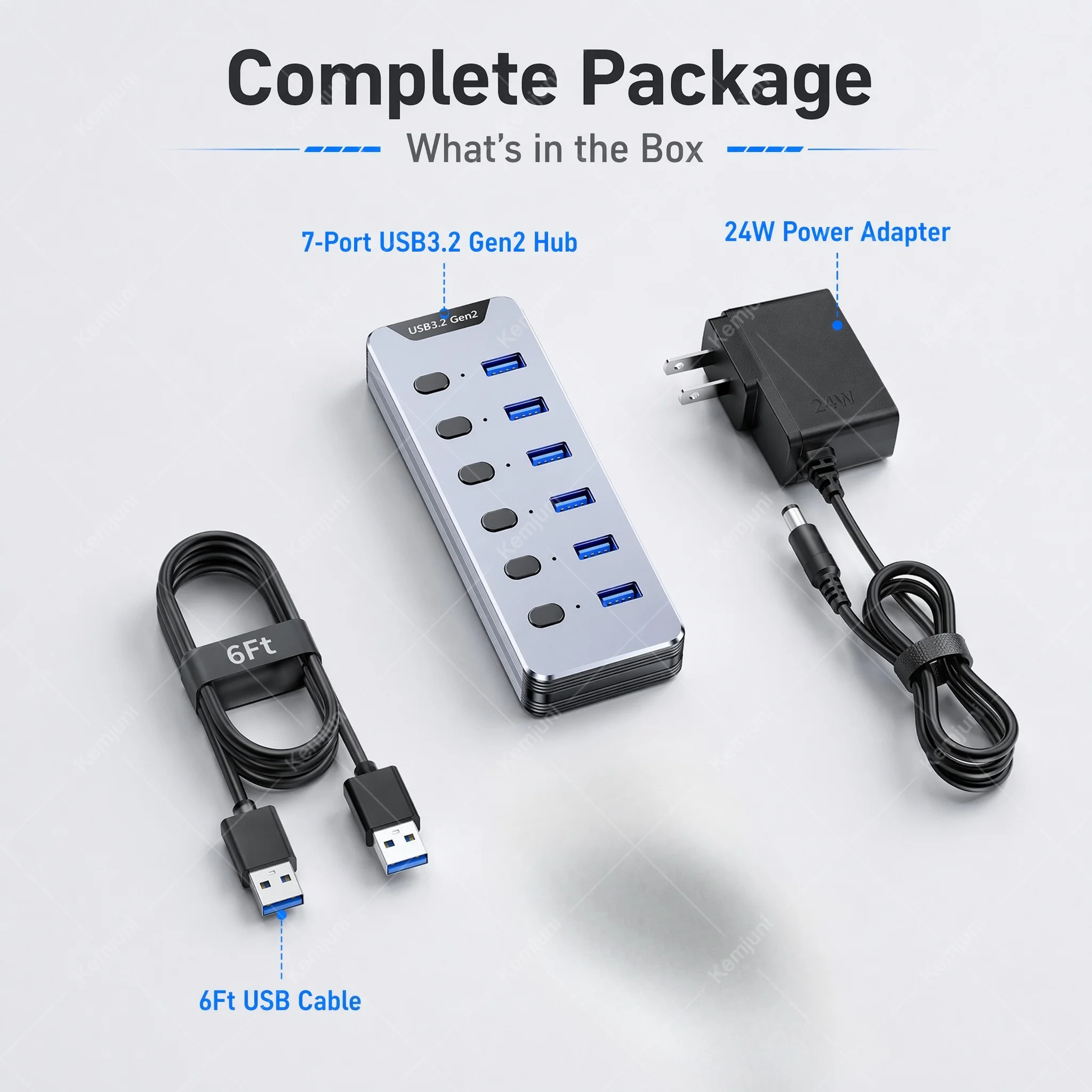 Фото USB-хаб 10 Гбит/с USB 3.2 Gen2, 7 портов, с питанием, алюминиевый корпус, с индивидуальными выключателями, USB-разветвитель для ноутбуков и мобильных жестких дисков №4