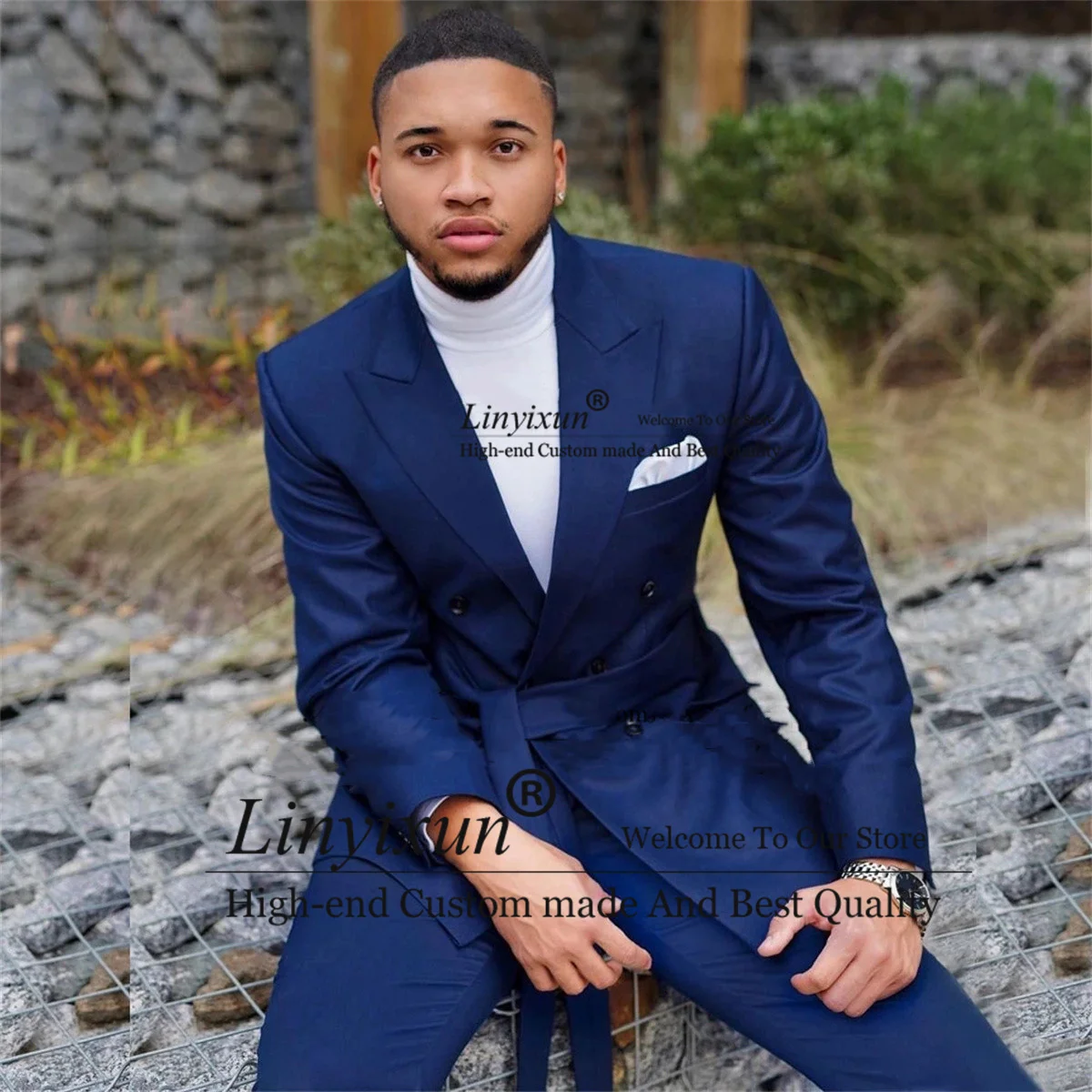 

Модные мужские костюмы с поясом, двубортные Свадебные смокинги для жениха, комплект из двух предметов, брюки для жениха