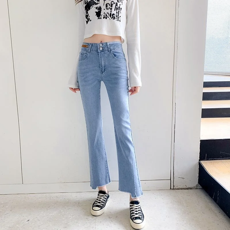 

Женские прямые джинсы с завышенной талией, летние брюки-клеш из денима длиной до щиколотки, Стрейчевые женские брюки, модель 8915 года