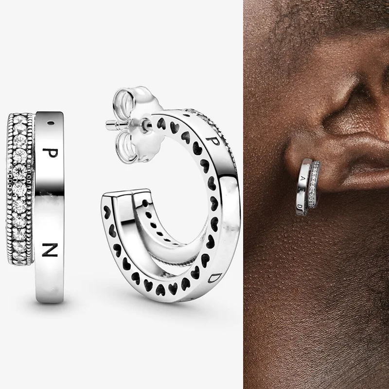 

925 Silver Pavé Double Hoop Earrings Heart Lace Sweet Fashion Women's Jewelry Accessories Fit for Pandora With Cloth Bag