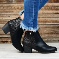 autumn winter short boots womens thick heel sequin stitching square toe side zipper to increase the trend of womens boots