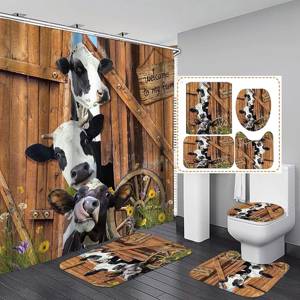 Funny Cow Rustic Wagon Wheel Fabric Shower Curtain Country Flower Farm Cute Animal Wooden Farmhouse Bathroom Decor Bath Rugs Mat