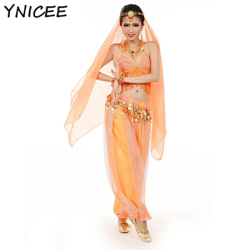 

4pcs Oriental Belly Dance Costume Set Professional Bollywood Indian Sari Bridal Women Headdress Top Pant Bellydance Rave Outfit