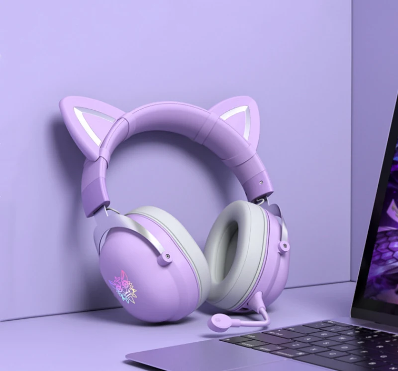 

Onikuma cat ears purple headphone RGB light 3.5mm wire gaming Live broadcast of E-sports headset for Girl