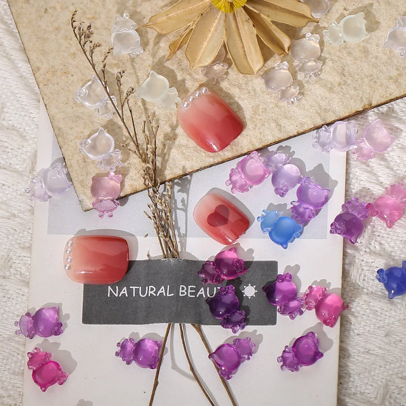 

30Pcs/Lot Color Changing Nail Art Kitten Color Changing Kitten Kradient Bow Light Change Cute Animal Transparent Jelly Nail