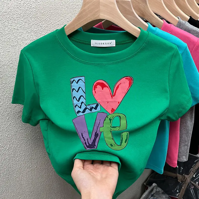 

Женский укороченный топ, обтягивающие женские футболки с рисунком в стиле Харадзюку, Женская корейская мода, уличная одежда, футболка с кор...