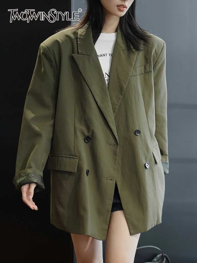 

Женский двубортный Блейзер TWOTWINSTYLE, белый однотонный Блейзер составного кроя с английским воротником и длинными рукавами, 2023