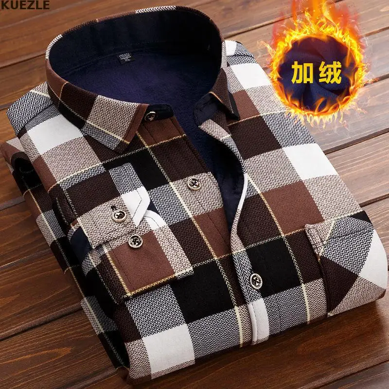 Flannel Men Shirt 2022 Autumn Winter Male Long Sleeve Plaid Shirt Thick Fleece Lined Soft Casual Flannel Warm Dress Shirt L-5XL