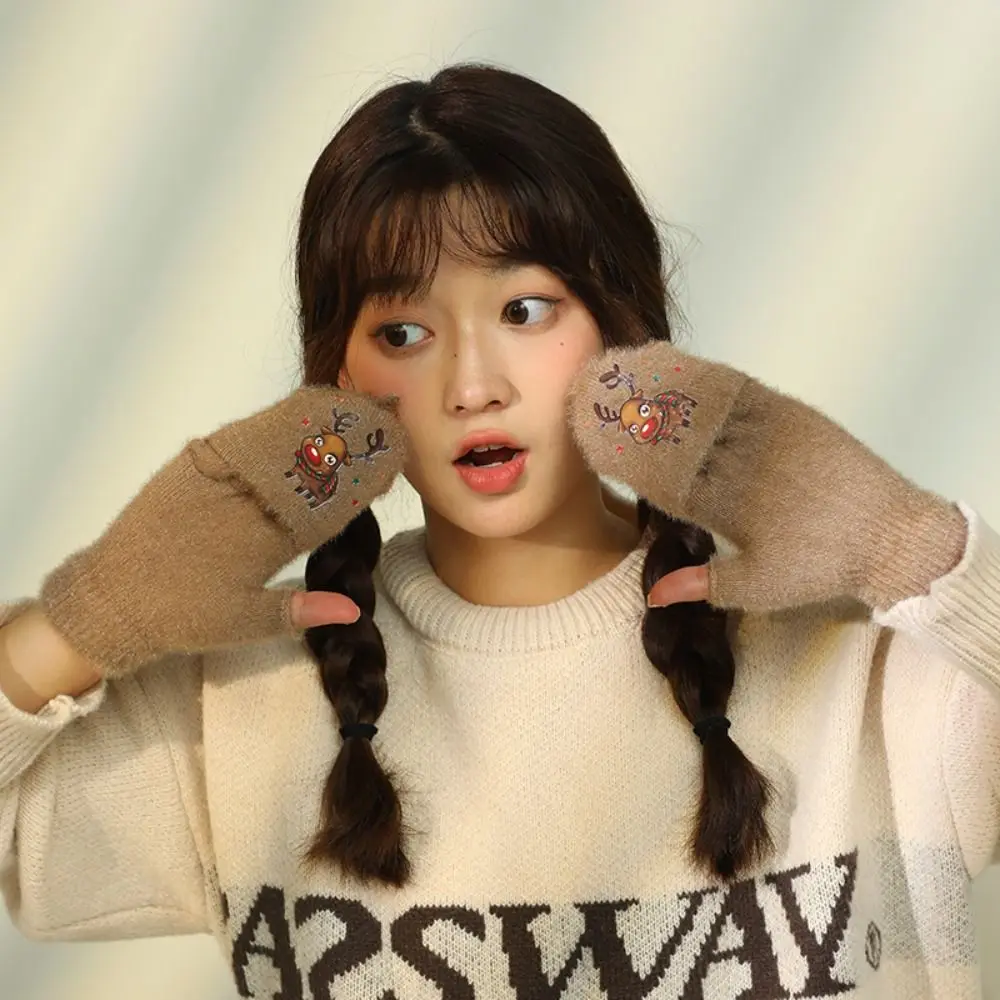 

Мультяшные открывающиеся перчатки без пальцев, мягкие вязаные перчатки с изображением снеговика, Санта-Клауса, перчатки для письма, водонепроницаемые перчатки с полпальца для студентов