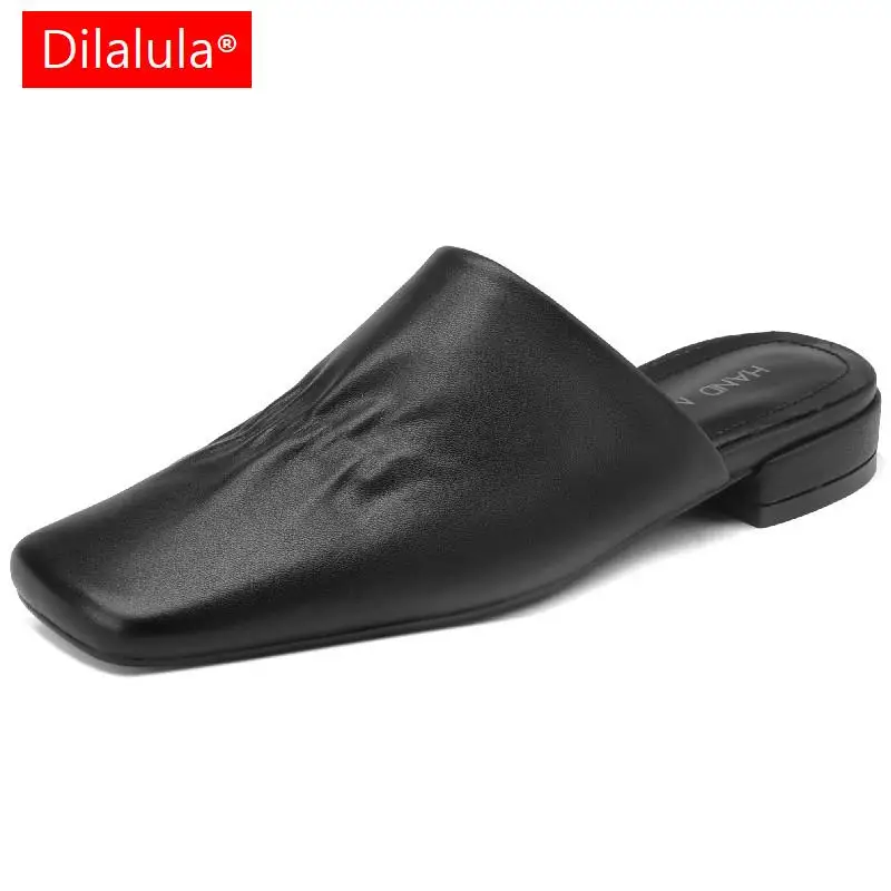 

Женские сандалии без задника Dilalula, натуральная кожа, квадратный носок, низкий каблук, тапочки, летняя офисная повседневная обувь
