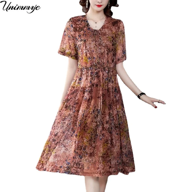 

Plus Size Short Sleeve Summer Dress Floral Net Yarn Loose Mother's Clothes Print Dresses for Women 2022 Midi Long Dress J385