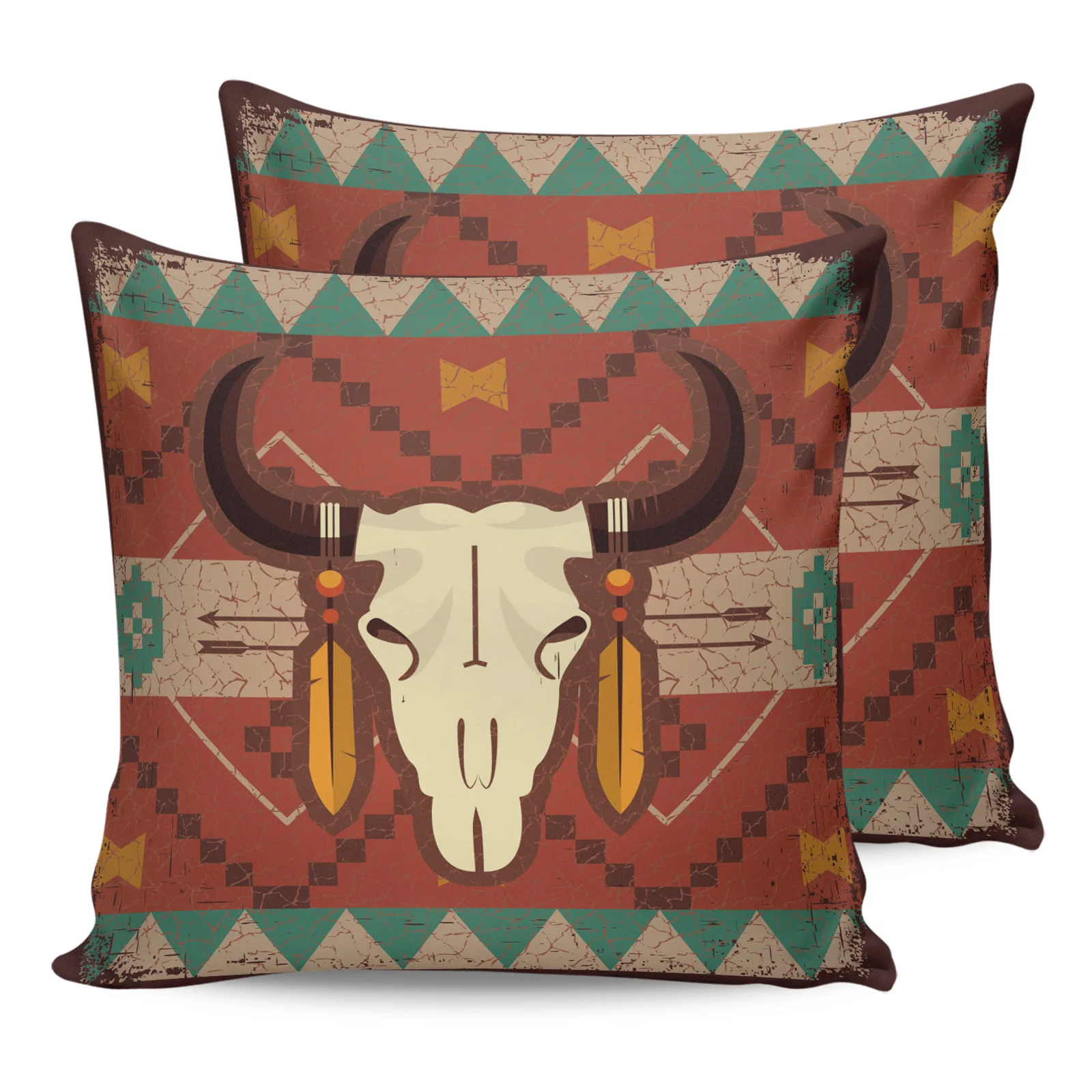 

2PCS Pillowcases Indian Bull Skull Art Cushion Cover Home Bedding Living Room Decorative Couch Throw Pillow Case