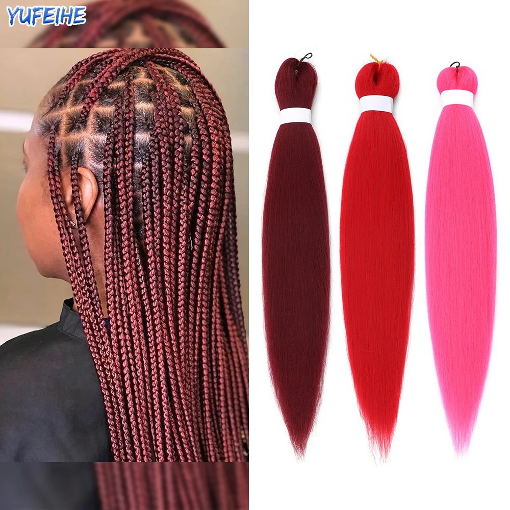 Easy Braiding Hair 26 Inch Yaki Straight Hair Synthetic Crochet Braids Hair Extensions Low Temperature Fiber Ombre Red Burgundy