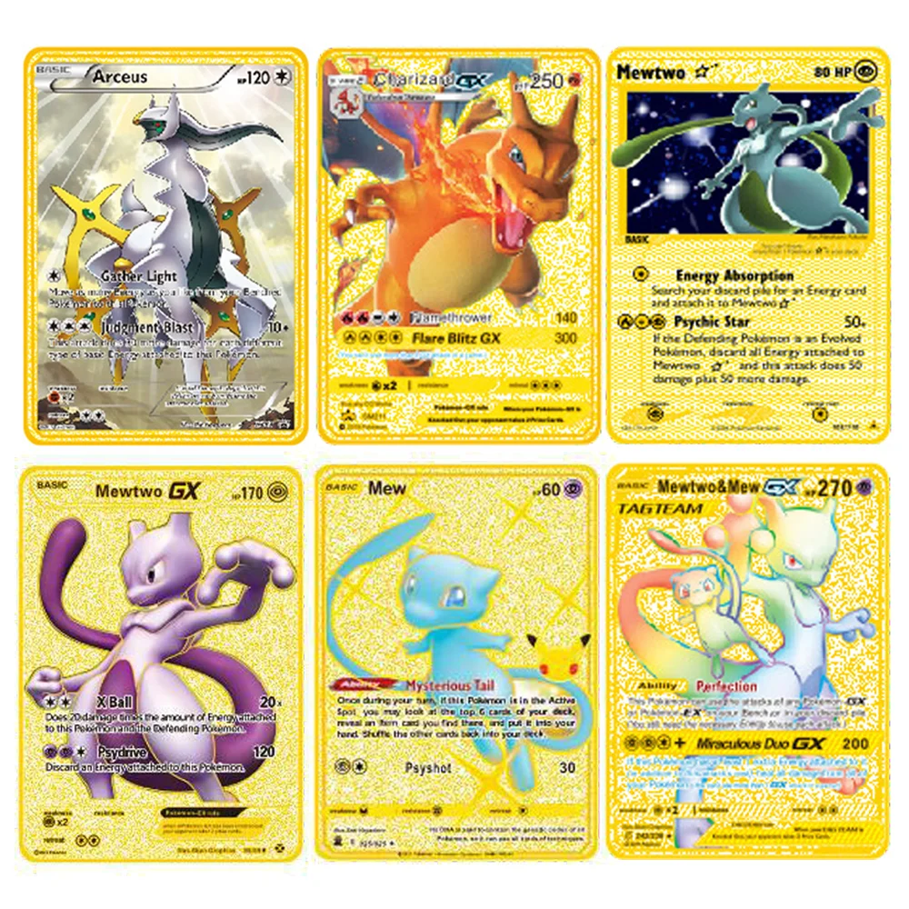 

Покемон аниме Pikachu Mewtwo Charizard Mew Eevee Золотая Коллекционная металлическая карточка Mega Vmax Gx GenⅠ тренировочная Боевая версия оригинальная подсветка