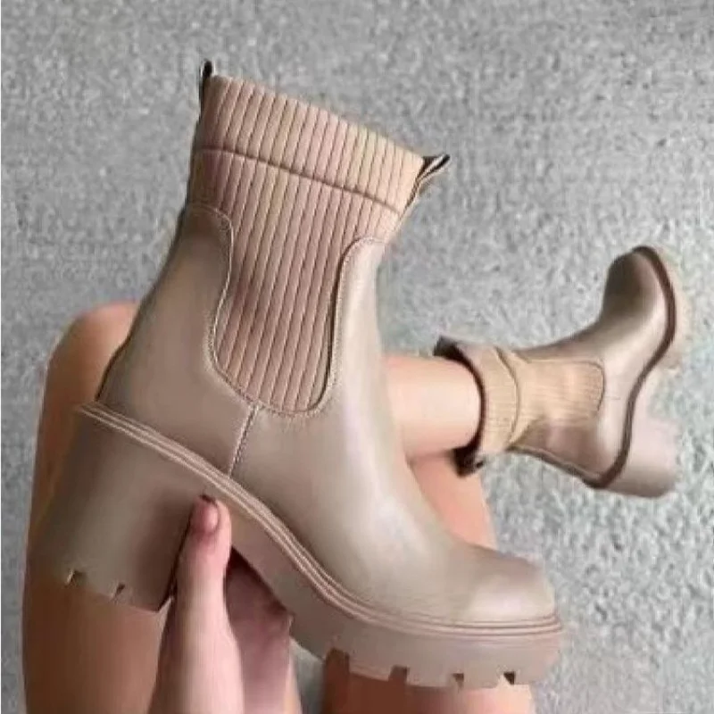 

2022 New Sock Boots Set Feet Non-slip Thick Heel Martin Boots Women's Knitted French All-match Elastic Ankle Boots